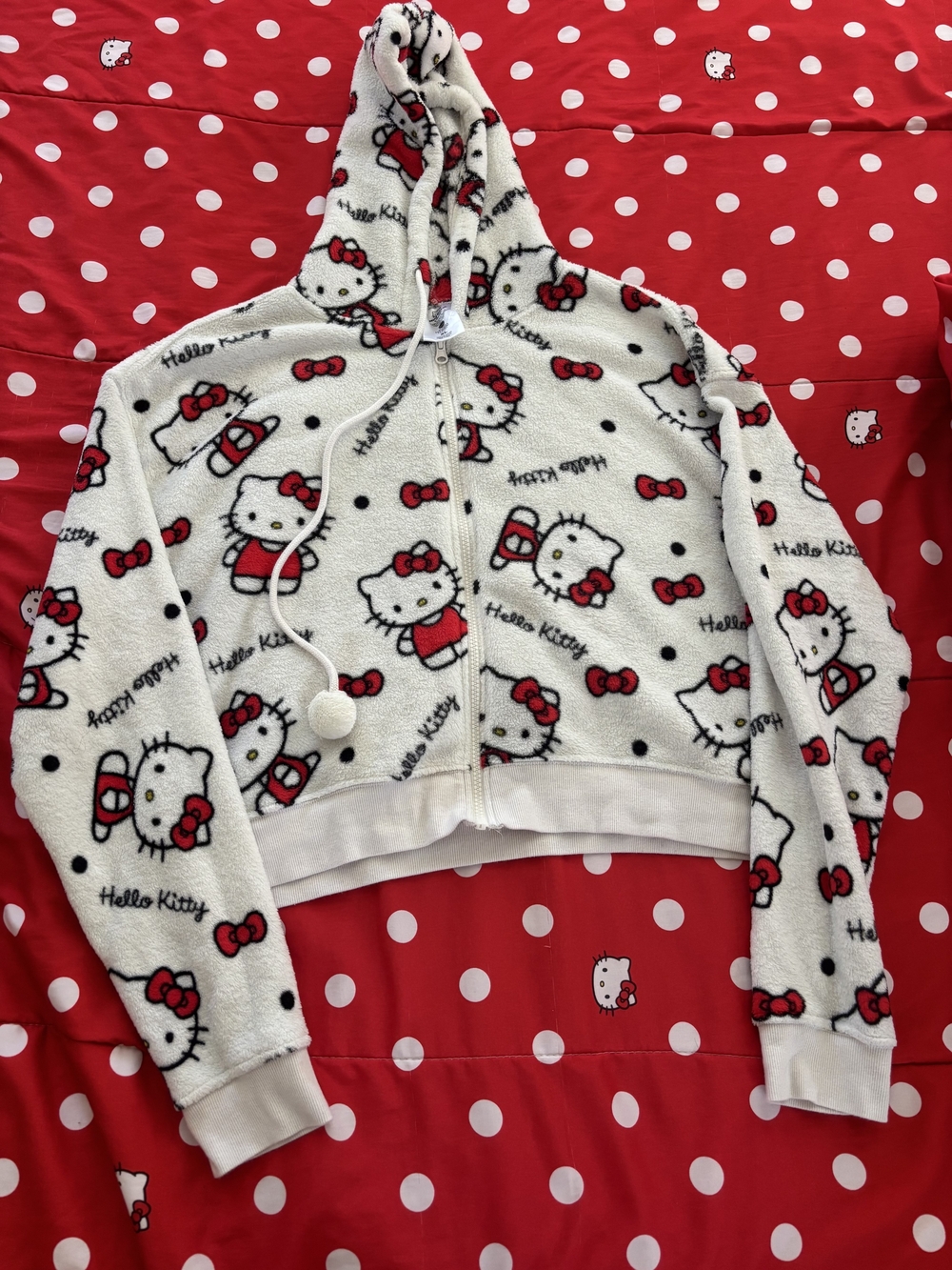 Hello Kitty Cream, Red & Black Plush Zip-Up Hoodie